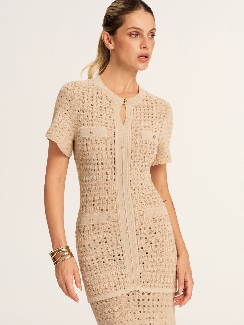 COMMENSE Short Sleeve Crochet Knit Mermaid Maxi Dress Khaki Gold Size S NWT - Picture 3 of 13
